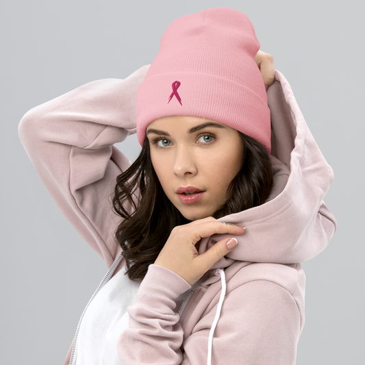 Breast Cancer Awareness Ribbon Cuffed Beanie