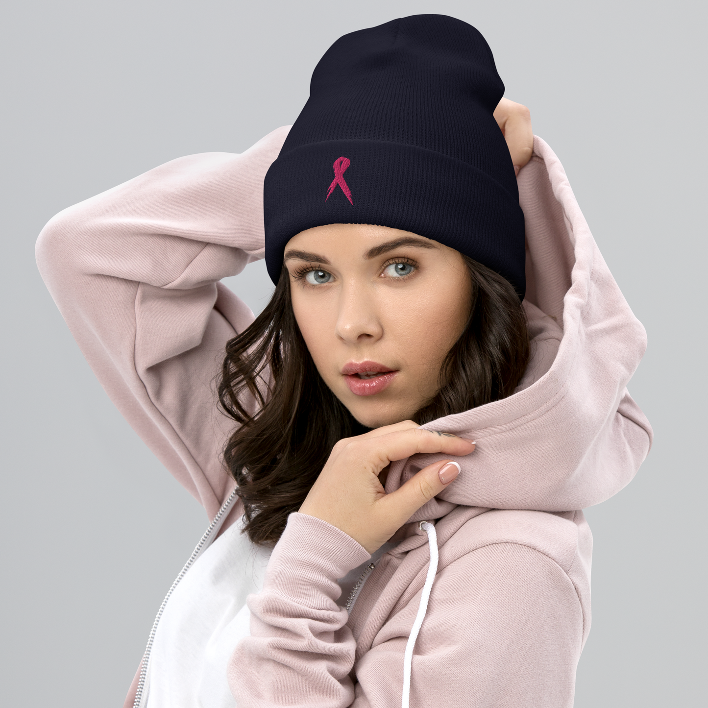 Breast Cancer Awareness Ribbon Cuffed Beanie