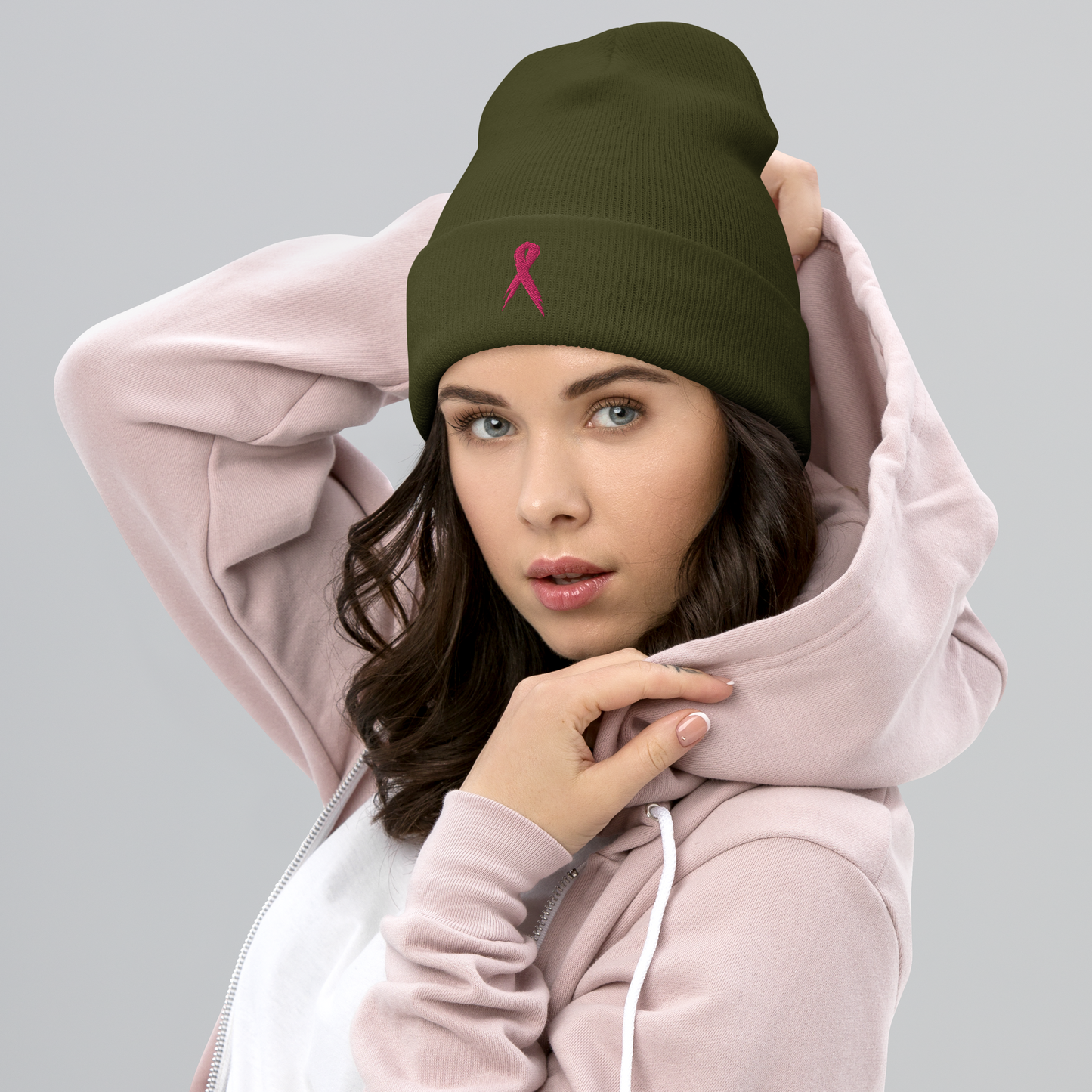 Breast Cancer Awareness Ribbon Cuffed Beanie